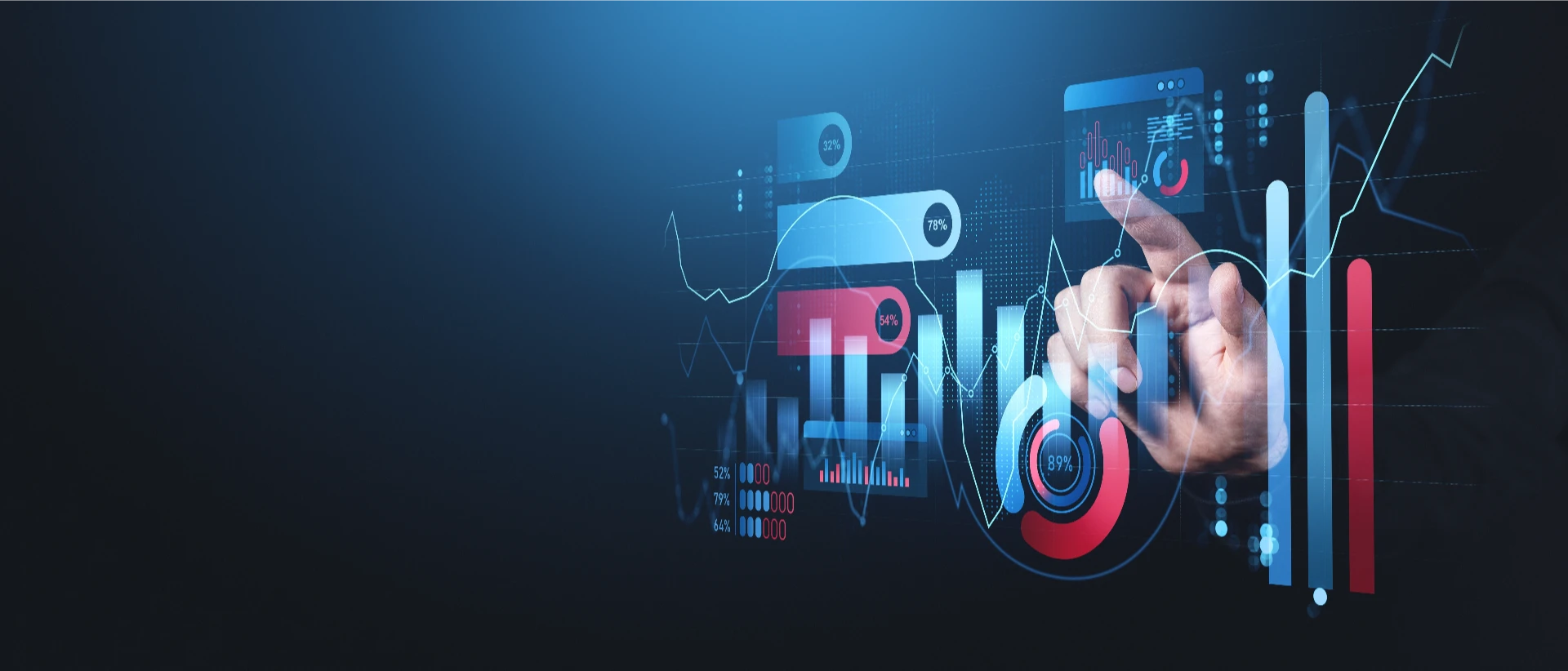 A hand interacting with digital financial analytics, including charts, graphs, and data visualizations on a dark blue futuristic interface.